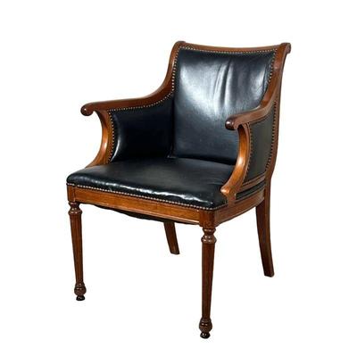 BLACK LEATHER LIBRARY ARMCHAIR | Scroll crestrail, black leather panels with brass tacks; great look! - l. 25 x w. 24 x h. 33 in 