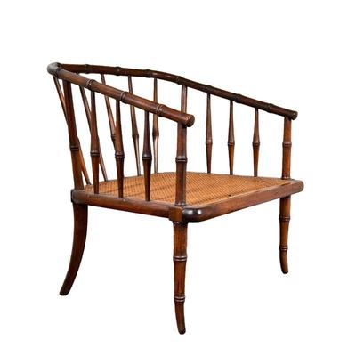 BAMBOO & CANED SLIPPER ARMCHAIR | low form slipper chair with caning and bamboo form supports. - l. 26 x w. 24 x h. 28.5 in 