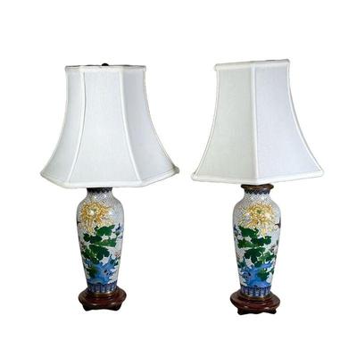 (2PC) PAIR CLOISONNE LAMPS | Floral patterned cloisonne vases mounted as table lamps. - h. 21.5 x dia. 4.25 in 