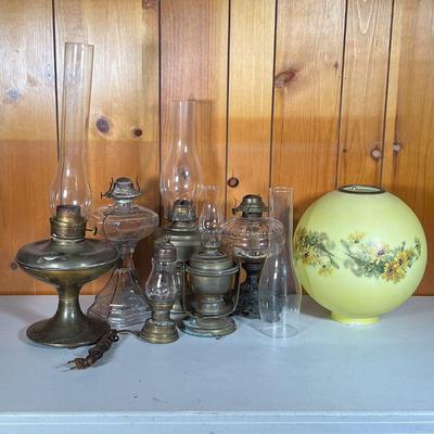 (7PC) SKATER'S OIL LAMP LOT | 19th C Oil Lamp Lot Includes: (1) Brass Skaters Lamp - Electrified. (1) Brass wall or shelf Oil Lamp....