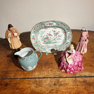 (5PC) ROYAL DOULTON & WEDGEWOOD GROUP | Lot Includes: (1) Green Jasperware 4.75â€ Pitcher. (1) RD â€œMaureenâ€ Woman w/Riding Crop. (1)...