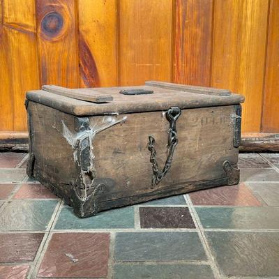 CASH STRONG BOX | 19th C Strong Box with cast iron handle stamped â€œA M Reid Phill Paâ€. 20 Lbs stencilled in black on the front. Four...