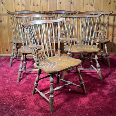 (6PC) PA HOUSE WINDSOR CHAIRS | Set of two arm and four side Maple Brace-back Windsor Chairs, all branded PA House. - l. 23 x w. 20 x h....