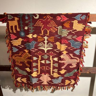 (3PC) QUILT RACK & PERUVIAN TAPESTRIES | Primitive Quilt rack all wood pegged joined. Carved base and top with stops on base. Two...