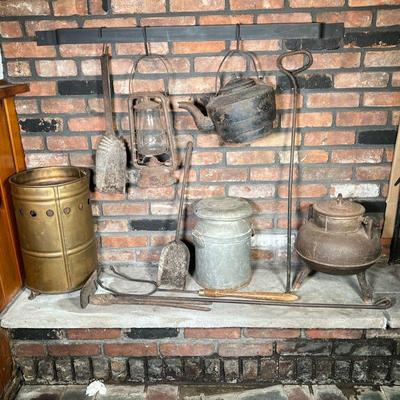 (11PC) VINTAGE IRONWARE LOT | Iron-Brass Country Lot Includes: (1) Large Three legged Iron Pot w/lid â€œ15â€ (1) Large Iron Teapot...