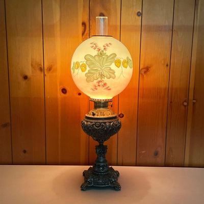BANQUET LAMP | Banquet Lamp with a white metal flower embossed base. Globe shade is hand painted and has chimney. Lamp is electrified and...