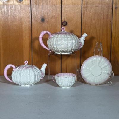 (3PC) BELLEEK TRIDACNA TEAPOTS 1ST BLACK MARK | Group of Tridacna Pattern Belleek with large and small teapots and a cup & saucer. All...