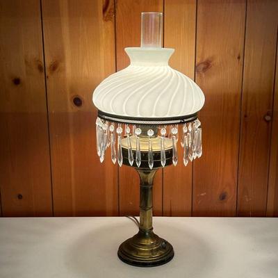 OIL LAMP W/SHADE & CRYSTALS | Brass plated oil lamp with milk glass swirl shade and crystal drop pendants. Electrified and drilled. -...
