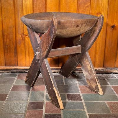 DOUGH TRENCHER ON STAND | 19th C Large Trencher on an X stand. Trencher has great patina. - l. 29 x w. 17 x h. 7 in (Trencher only. With...
