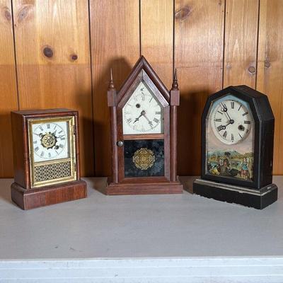 (3PC) STEEPLE & SHELF CLOCKS | Three 19th C Clocks including: (1) Steeple Clock â€œWaterbury Clock Company Waterbury Conn.â€. With...