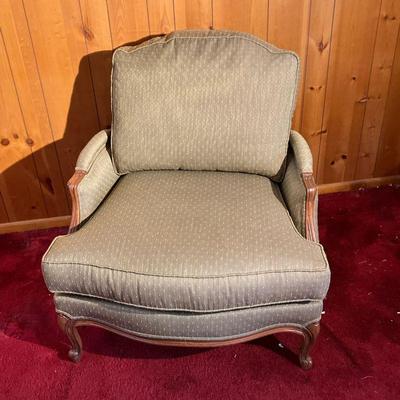 ETHAN ALLEN LOUIS XV ARMCHAIR | Ethan Allen French Style Armchair in a subdued green upholstery. Carving on arms and cabriole legs. - l....