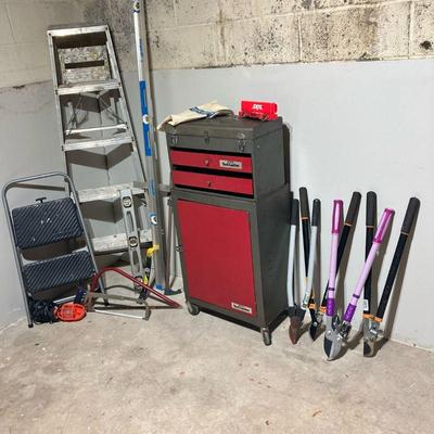 WORK SHOPâ€™S TOOL-LOCKER, TOOLS & LADDERS | Two part Work Shop's tool cabinet and Large lot of tools that Includes levels,...