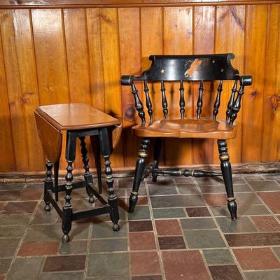 (2PC) HITCHCOCK BUTTERFLY TABLE & CAPTAINS CHAIR | Butterfly Table marked â€œL Hitchcock Hitchcocksville CTâ€. Natural finish top...