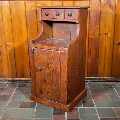 SMALL COUNTRY CUPBOARD | Pine Primitive Cupboard with three drawers and one shelf in cabinet. - l. 18.75 x w. 16.5 x h. 39 in 