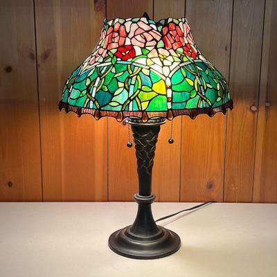 STAINED GLASS LAMP W/PINK ROSES | Lamp has leaves on column and round base Three bulb illumination. Pink Roses over Green leaves shade. -...