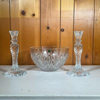 (3PC) WATERFORD BOWL & CANDLESTICKS. | Lot of Waterford, all acid etched: (2) Pr. of Candlesticks. (1) Bowl with Seahorse Label as well....