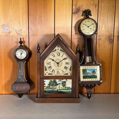 (3PC) WALTHAM, NEW HAVEN BANJOS & STEEPLE CLOCK | Three 20th C Clocks Including (1) Small Banjo by Waltham Two reverse paintings, G....