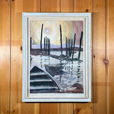 GLENN MILLER DORIES AT SUNSET WATERCOLOR | Dories at sunset. Watercolor of dories tied dockside. Signed lower right. Gray-washed white...