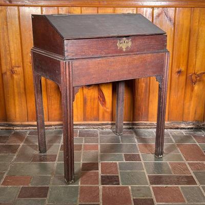 SCHOOL MASTERS CLERK'S DESK ON FRAME | 19th C Schoolmasters or Clerks Slant Lid Desk on frame. Mahogany Desk top is dovetailed with brass...