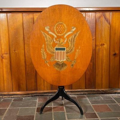 HITCHCOCK TILT TOP TABLE W/ EAGLE | â€œL Hitchcock Hitchcocksville CTâ€ Tilt Top Tea Table with Eagle Stencil on a natural finish top....