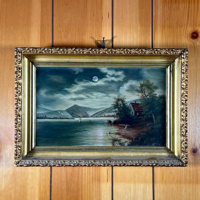 AMERICAN SCHOOL PAINTING | Clouded moon over water. 19th C Oil on board of a Cloudy Moon over water. Unsigned. Nice old gilt frame....