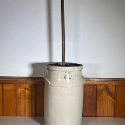BUTTER CHURN CROCK | 10 Gallon White Butter Churn Handled Crock with lid and dasher. - h. 20.5 x dia. 12 in (Crock only) 