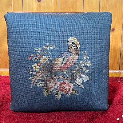 COCKATOO NEEDLEPOINT FOOTSTOOL | 19th C Mahogany Footstool with turned stretcher and Fluer-de-Lis design on both ends. Blue background...