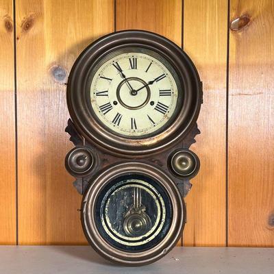 NEW HAVEN WALL CLOCK | â€œNew Haven Clock Company USAâ€. â€œConn.â€ Grain Painted with brass plated overlays to clock face cover, two...