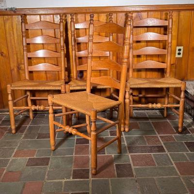 (4PC) LADDER BACK CHAIRS | 20th C Maple Ladder Back Chairs with rush seats and nice bulbous turned front stretcher. Good color and...