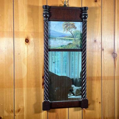 SHERATON MIRROR W/OIL PAINTING | Mahogany Sheraton style mirror with rope turned columns and an oil painting on board of trees by pond in...