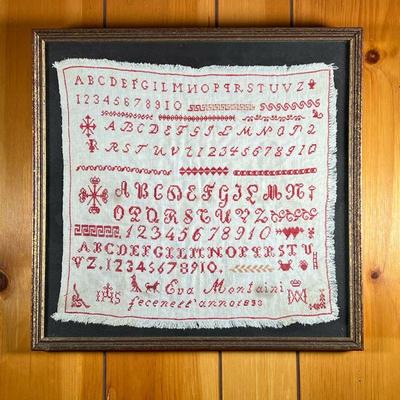 SAMPLER 1893 EVA MONTAINI | Red on white Sampler made by Eva Montaini, 1893. Also has a IHS with a cross meaning the Holy Name of Jesus....