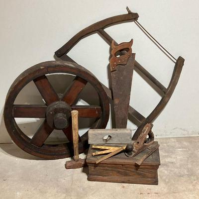 (16PC) TOOL BOX, TOOLS AND WOODEN WHEEL | Vintage Tool Lot Includes: Nice example of an Early Carpenters Tool Box with liner. Cigar box...