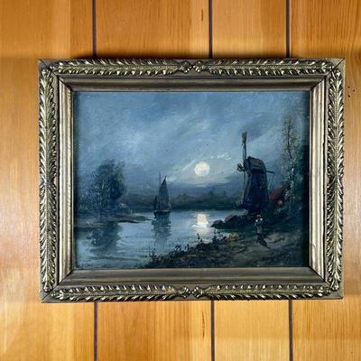 S. ESPOY MOONLIT WINDMILL PAINTING | Moon over windmill. Nice Oil on Canvas of a moonlit sailboat and windmill. Signed lower right S....