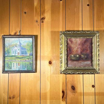 (2PC) H A BARDARD OIL & CHURCH OIL | Two bowls H A Bardard, signed lower right, 19th C oil on canvas of still life of bowls. Gilded...