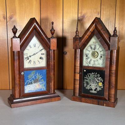 (2PC) STEEPLE CLOCKS | Two 19th C Steeple Clocks including: (1) â€œChauncy Jerome Austin Ill.â€ Includes key and pendulum. Nice reverse...