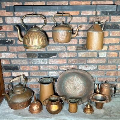 (13PC) COPPER & BRASS TEAPOTS LOT | Great Vintage Copper Lot Includes: (2) Copper Teapots (1) Brass Jima Teapot (1) Coffeepot. (1)...