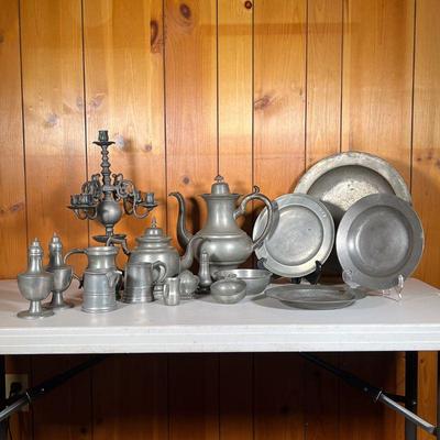 (34PC) VINTAGE PEWTER LOT | Large Antique and Vintage Lot includes: (1) 13â€ Charger, (3) 9â€ plates, (2) Coffeepots; (3) Pepper...
