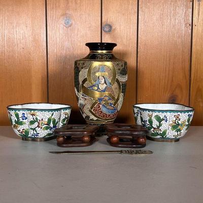 SATSUMA VASE & CLOISONNÃ‰ BOWLS | Vintage Asian Group Includes: (1) Satsuma Vase with blue mark. (2) CloisonnÃ© Bowls on stands -...
