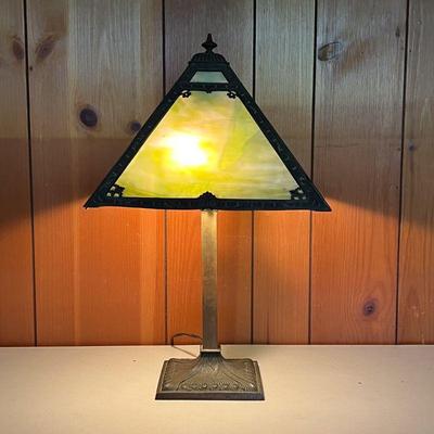 EDWARD MILLER SLAG GLASS LAMP | Vintage Edward Miller & Company Green Slag Glass Lamp marked â€œMiller 976â€. Has flower and ribbed...