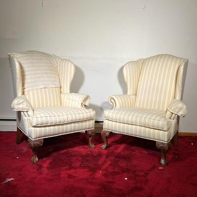 (2PC) ETHAN ALLEN WING CHAIRS | Pair of Ethan Allen Chippendale style Wing Chairs with Claw & Ball feet. Classic stripe upholstery with...