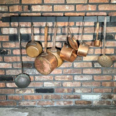 (9PC) COPPER POT & LADLES | Vintage Copper Pot Lot Includes: (4) Copper Pots. (1) Copper Handled Pot Lid. (1) Copper Pan. (1) Iron Handle...