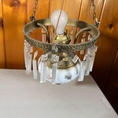 HANGING OIL LAMP | 19th C Hanging Oil Lamp with milk glass decorated lamp. Chimney but no shade with hanging crystals. Electrified and...
