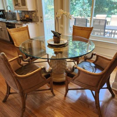 Hooker Brand Round Glass Top w/ Stone Pineapple  Pedestal Base, Includes 4 Chairs w/ Leather Seats and Silver Fish Arm Detail, 53â€ w x...