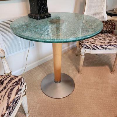 Crackled Glass Round Side Table w/ Chrome Base