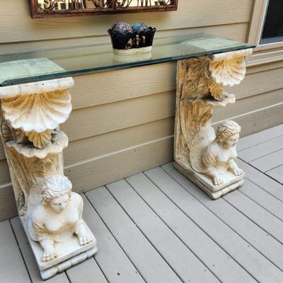 Cast Stone Console Table w/ Glass Top
