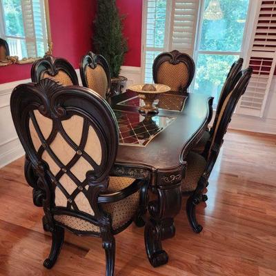 Elegant Old World Traditional Dining Room Table, Includes 6 Dining Chairs and 3 Leaves, 45â€w x 30â€h x 84â€d, Leaf Size 45â€w x 24â€ d