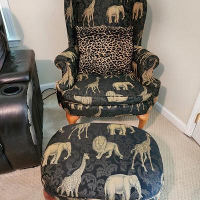 Black and Tan Safari Animal Upholstered Chair and Ottoman