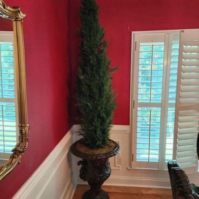 Faux Silk Potted Cedar Topiary Tree w/ Baroque Style Urn Planter