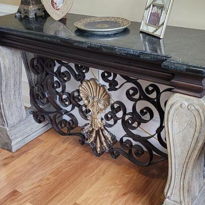 Stone and Wrought Iron Console Table, 60â€w x 36â€h x 20â€d