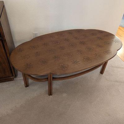 Scalloped oval walnut coffee table, Anderson Furniture Dallas